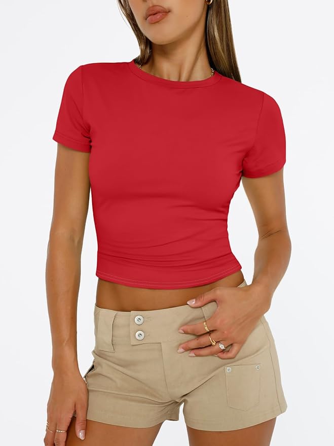 Trendy Queen Womens Short Sleeve T Shirts - Buttery Soft Summer Crop Tops Slim Fit Y2k Basic Tees for Workout