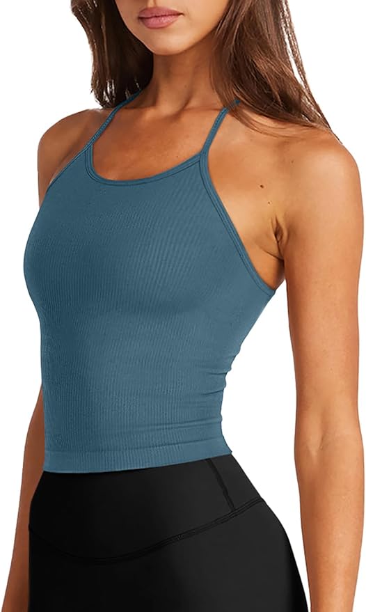 LASLULU Womens Sports Bra Seamless Long Crop Tank Racer Back Spaghetti Strap Workout Yoga Bra Padded Halter Neck Casual Tops