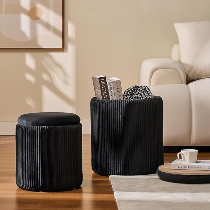 BLEXA Round Set of 2 Ottoman with Storage-Upholstered Velvet Vanity Stool for Makeup Multifunctional Ottomans Coffee Table Padded Seat Foot Rest for Living Room&Bedroom (Black)