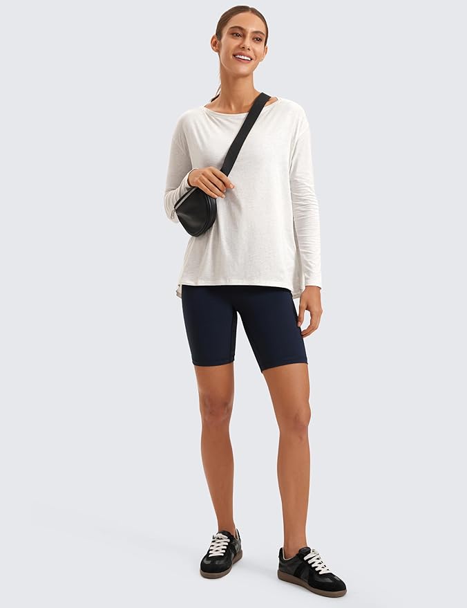 CRZ YOGA Pima Cotton Boat Neck Long Sleeve Shirts for Women - Workout Athletic Yoga Casual Tops Loose Fit Fall T-Shirts