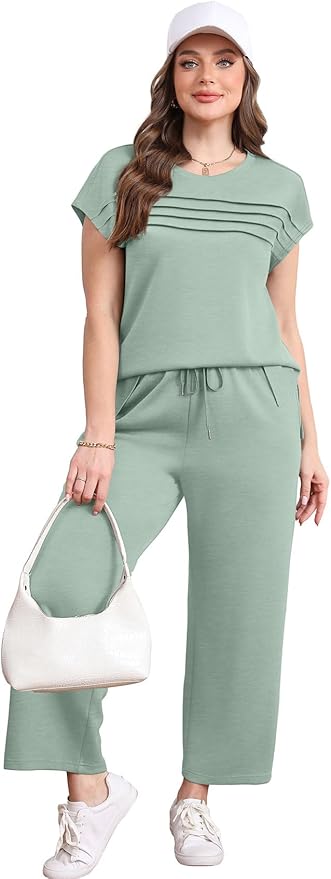 WIHOLL Two Piece Sets for Women Summer Spring Travel Vacation Outfits Cap Sleeve Lounge Matching Sets Wide Leg Pants S-3XL