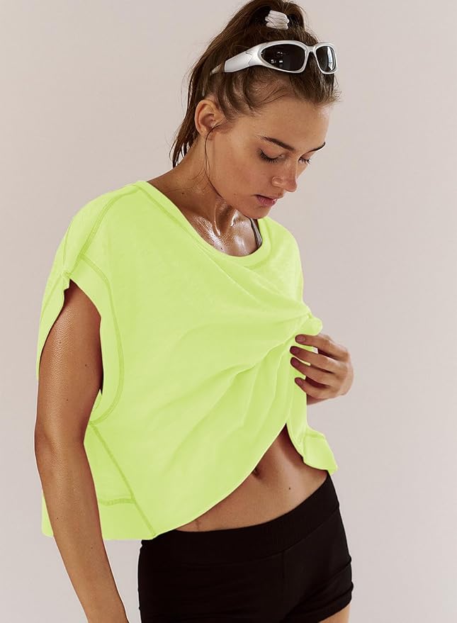 Kumufenc Women Short Sleeve Workout Shirts Open Back Tops Casual Yoga Y2k Athletic Gym Slouchy Crop Running Tees