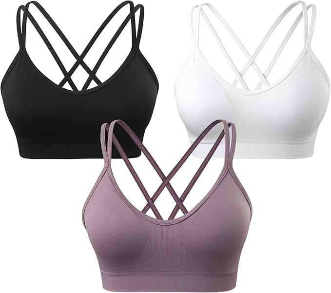 VEQKING Women's Cross Back Sports Bra Padded Strappy Medium Support Yoga Bra for Workout Fitness 3 Pack