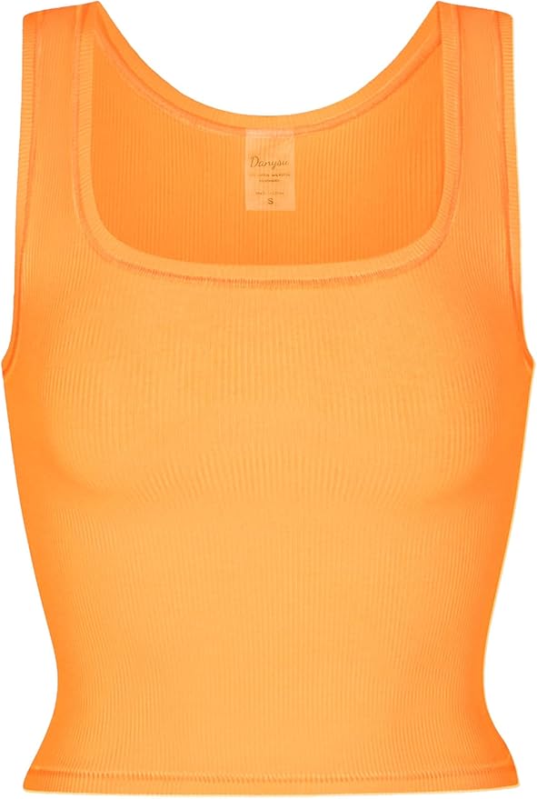 Danysu Women Rib Tank Top Padded Workout Top Square Neck Crop Tank Fitted Basic Cami Tops