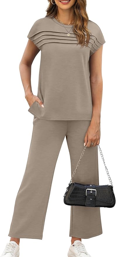 WIHOLL Two Piece Sets for Women Summer Spring Travel Vacation Outfits Cap Sleeve Lounge Matching Sets Wide Leg Pants S-3XL