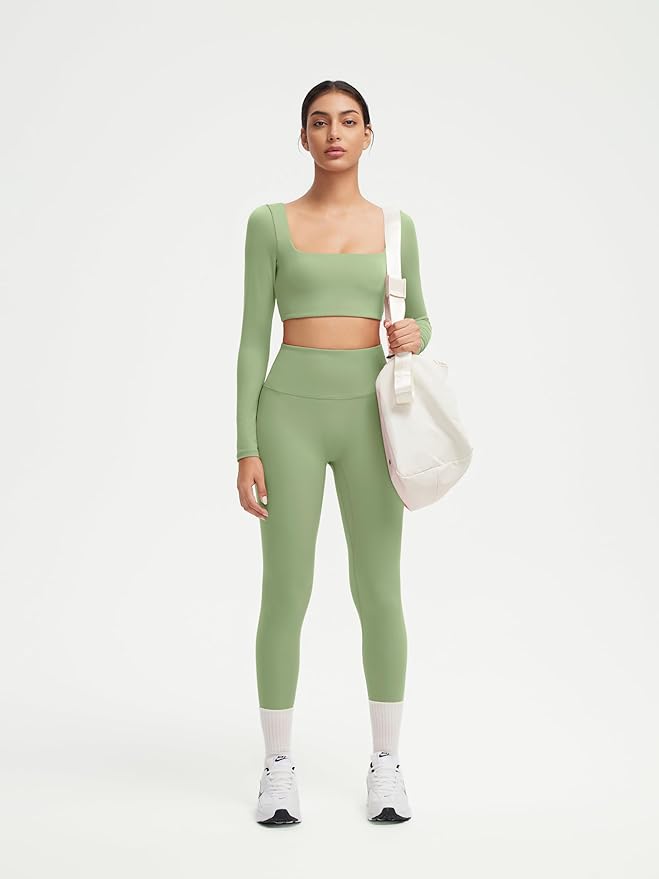 SUUKSESS Women 2 Piece Workout Sets Compression Tummy Control Leggings with Pockets Long Sleeve Square Neck Padded Crop Tops