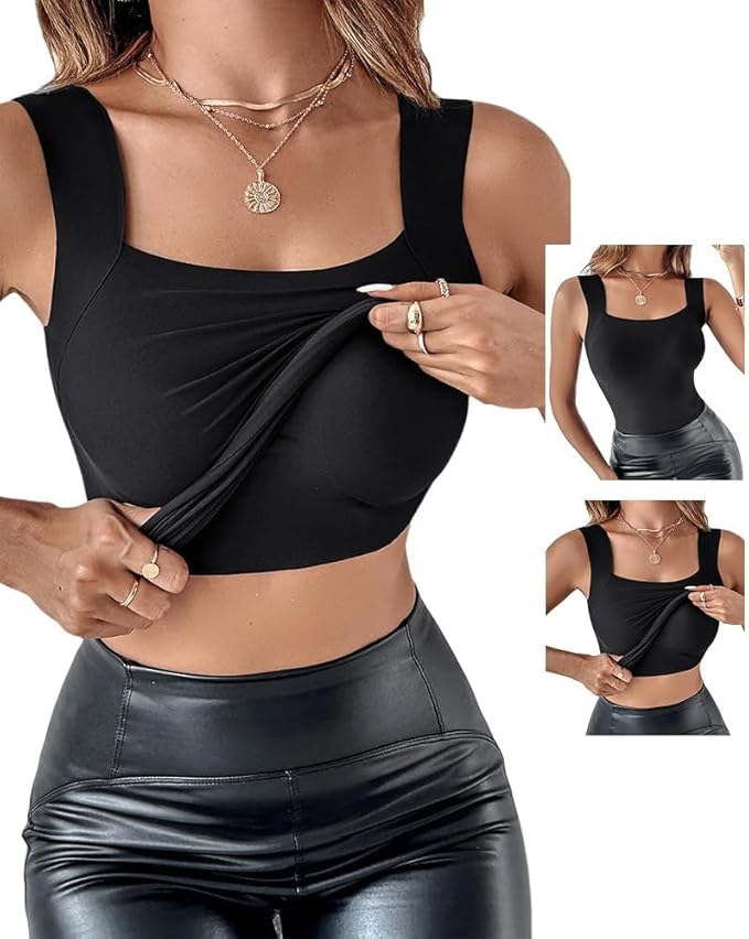 CHICME Womens U Neck Shapewear Built-in Bra Tank High Strechy Sleeveless Slim Fit Tops Camisole Workout Tops