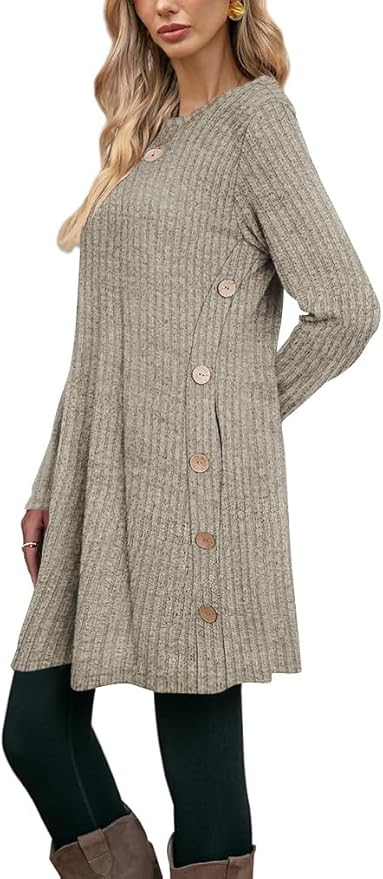 Poetsky Women Long Sleeve Tunic Tops to Wear with Leggings Side Buttons Long Shirts Rib Sweater Dress with Pockets S-3XL