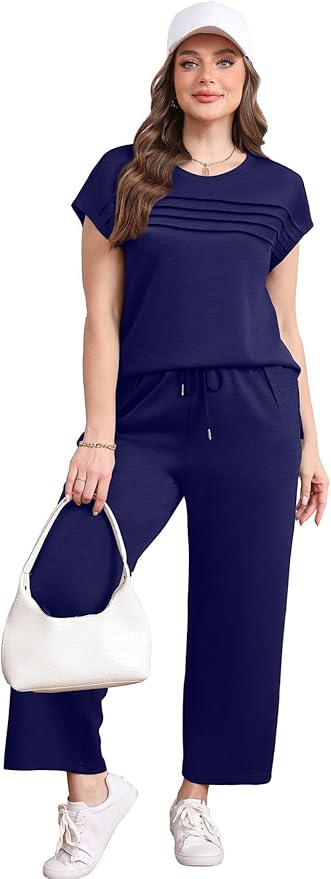 WIHOLL Two Piece Sets for Women Summer Spring Travel Vacation Outfits Cap Sleeve Lounge Matching Sets Wide Leg Pants S-3XL