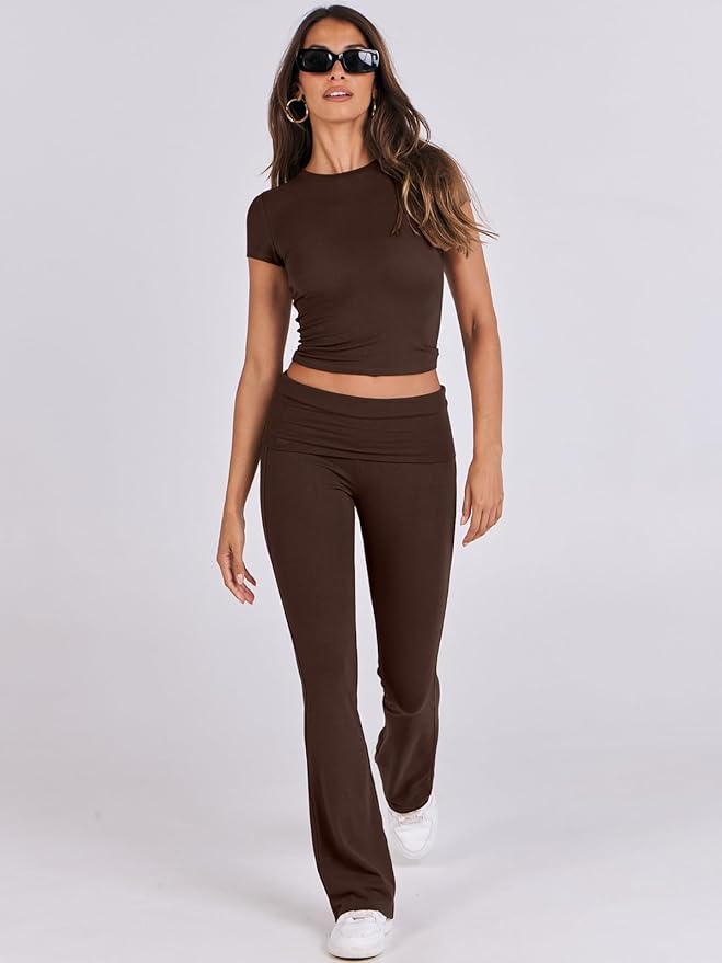 ANRABESS Lounge Sets for Women 2 Piece Foldover Yoga Flare Leggings Pants Crop Tops Casual Y2K Outfits Matching Tracksuit Set
