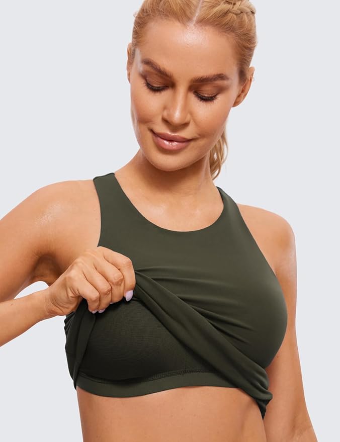 CRZ YOGA Butterluxe High Neck Tank Tops for Women - Racerback Workout Padded Yoga Athletic Camisole with Built in Bra