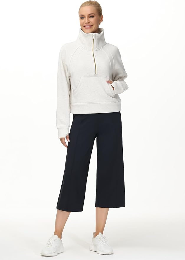 THE GYM PEOPLE Womens' Half Zip Pullover Fleece Stand Collar Crop Sweatshirt with Pockets Thumb Hole