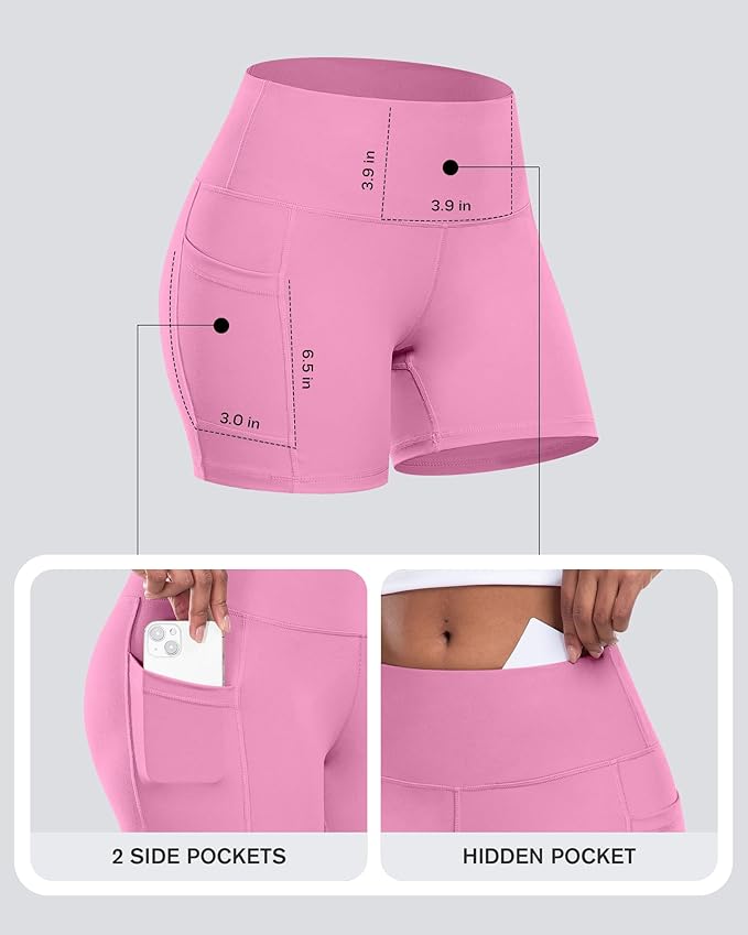 CHRLEISURE Womens Biker Yoga Shorts with Pocket, High Waisted Tummy Control 5 Inch Workout Spandex Athletic Gym Shorts