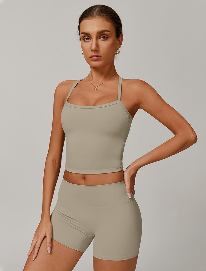Women 2 Piece Workout Sets Padded Criss Cross Back Crop Tank High Waist Tummy Control Shorts Yoga Outfits