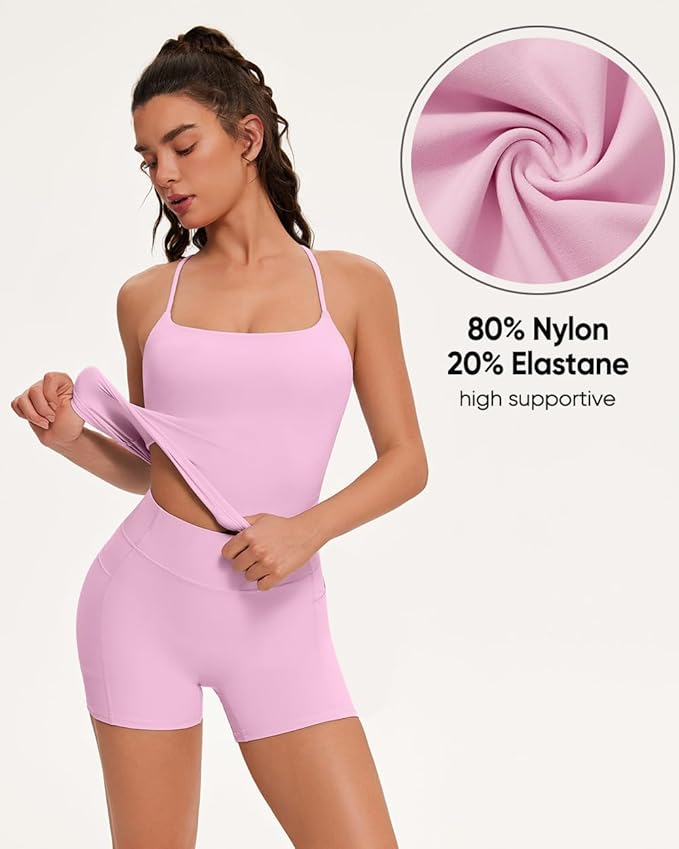 OMKAGI Workout Sets for Women Cute Spaghetti Strap Tank Tops Booty Shorts Outfits with Pockets