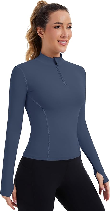 ZHENWEI Womens Workout Tops Long Sleeve Quarter Zip Pullover Quick Dry Golf Shirt Athletic Slim Fit Crop Yoga Gym Tops