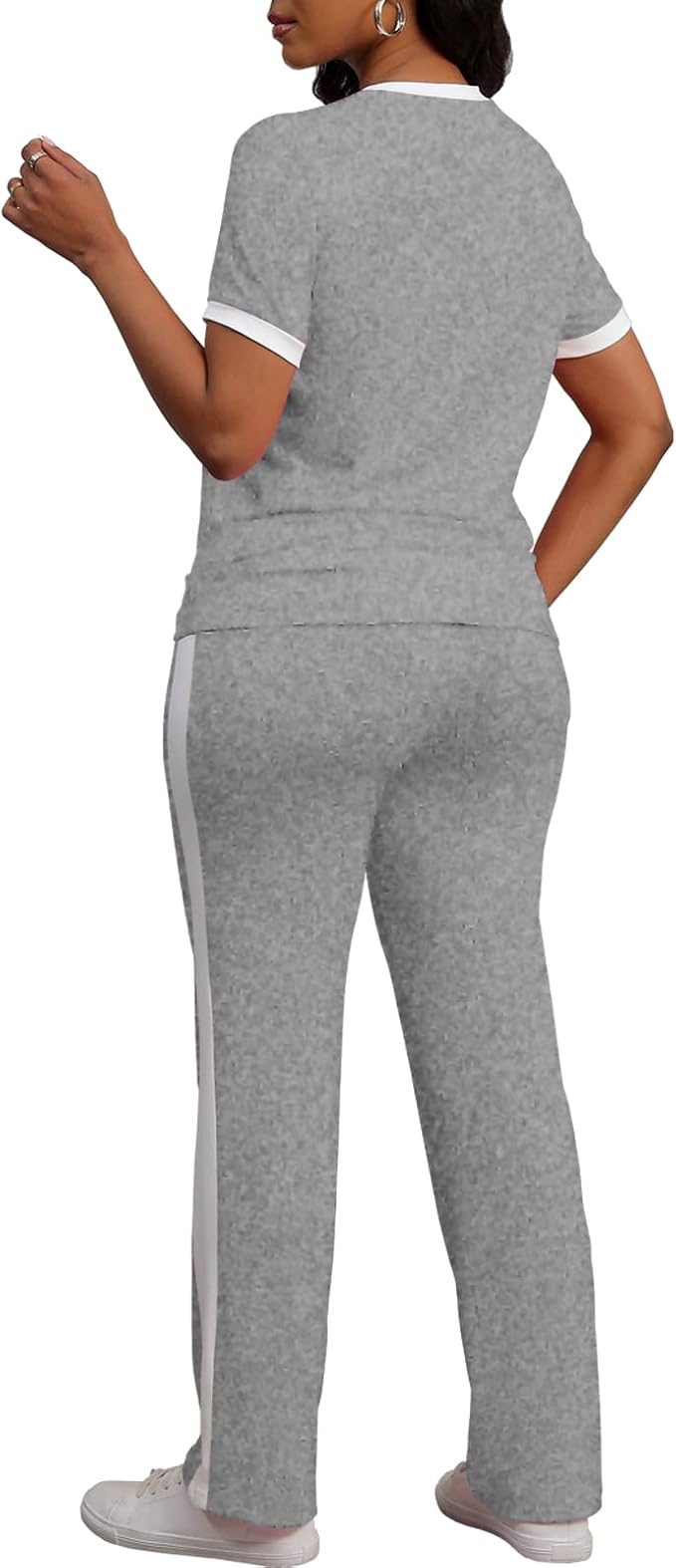 PINSV Women's 2 Piece Outfits Short Sleeve Tops Sweatpants Colorblock Bodycon Lounge Sets Tracksuit