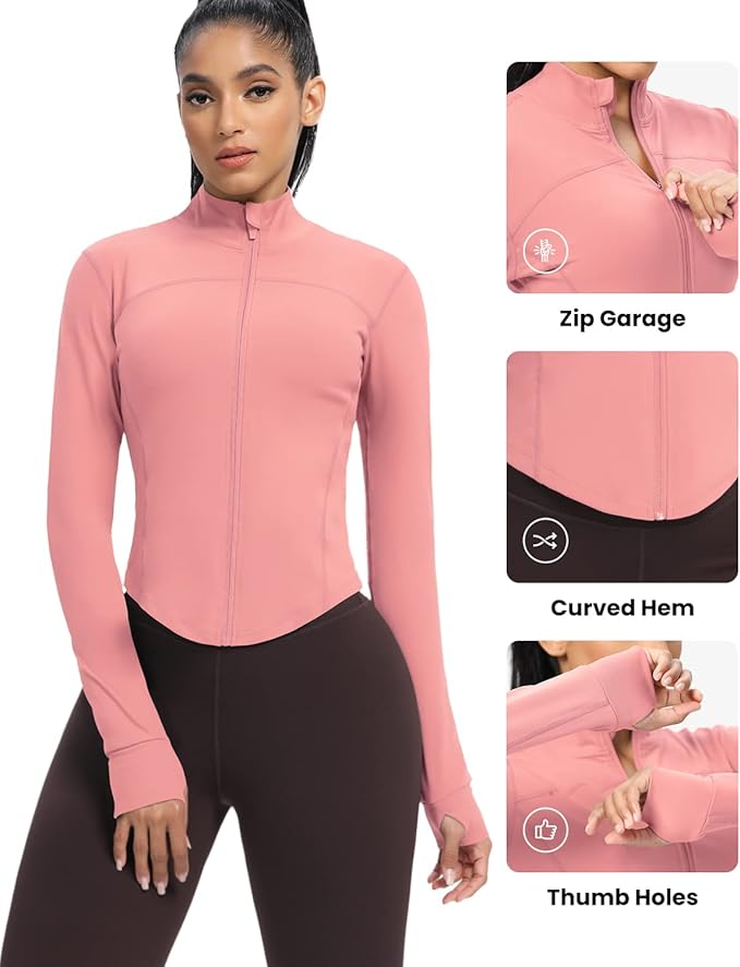 AVGO Women's Cropped Running Workout Jackets Zip Slim Fit Athletic Tops with Thumb Holes