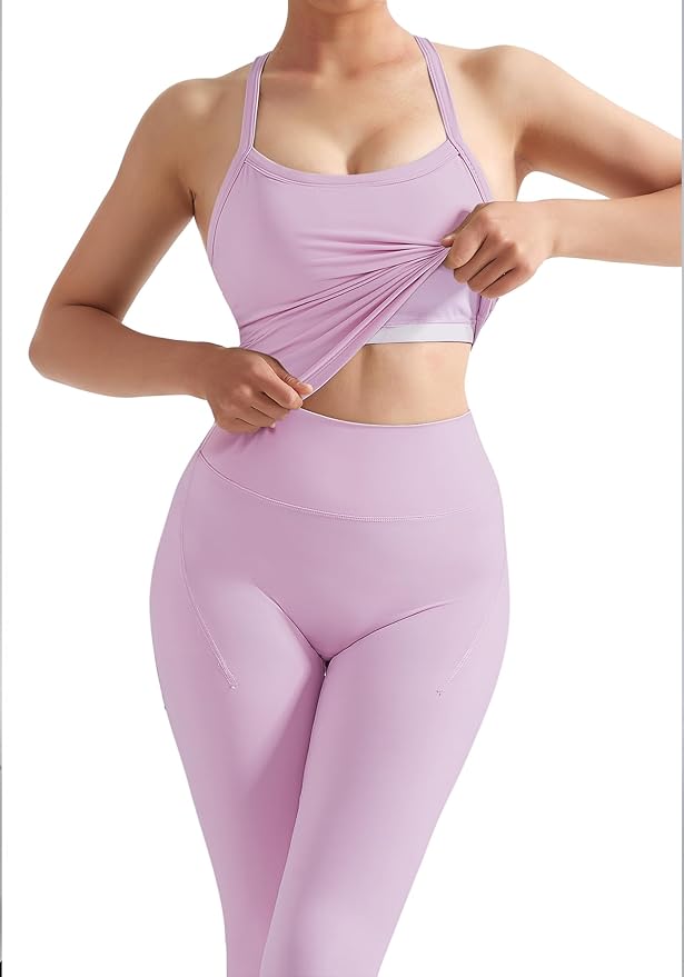 SUUKSESS Women 2 Piece Workout Sets Compression Tummy Control Leggings with Pockets Halter Built in Bra Tank Tops