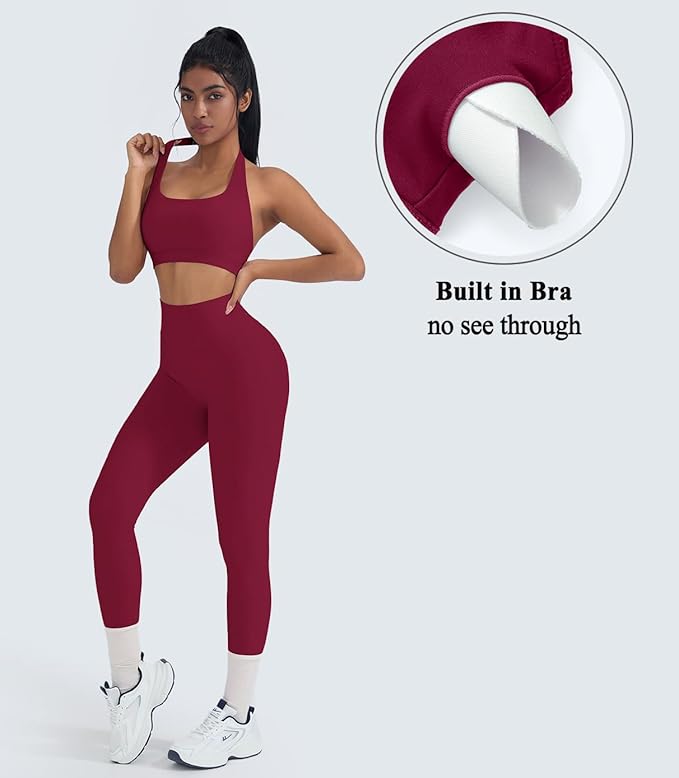 OMKAGI 2 Piece Workout Sets for Women Halter Sports Bras Gym Sets Booty Leggings Outfits