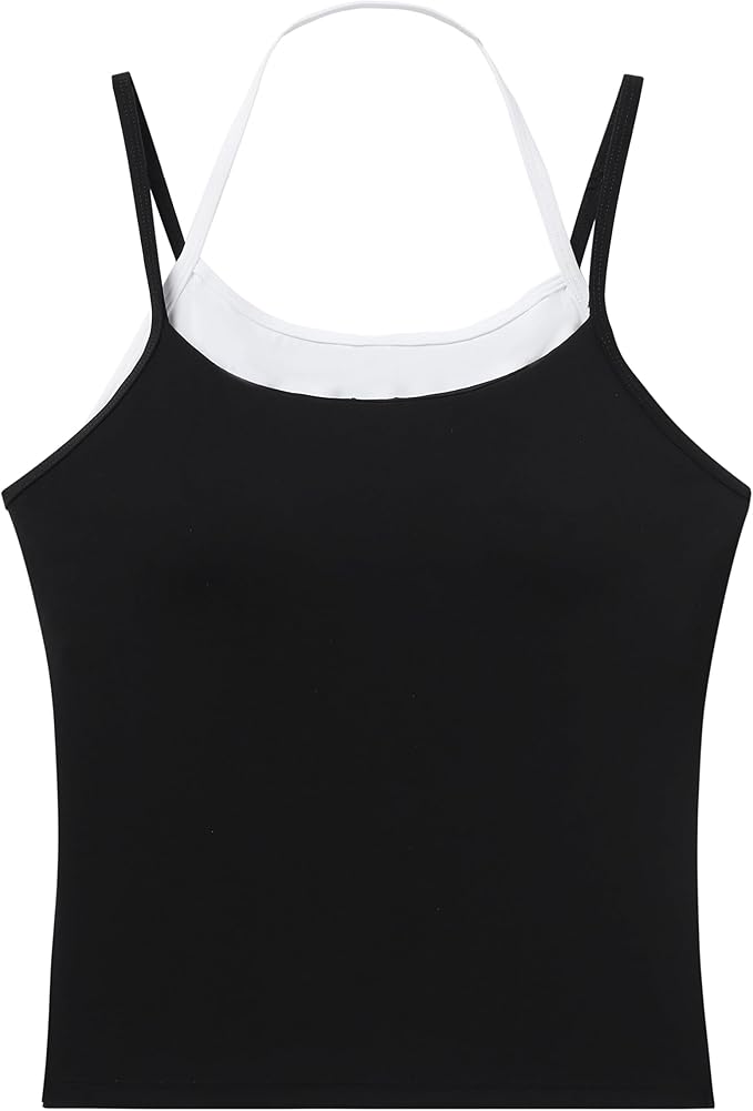 OMKAGI Halter Workout Tank Tops for Women Built in Bra Cute Layer Longline Sports Bras
