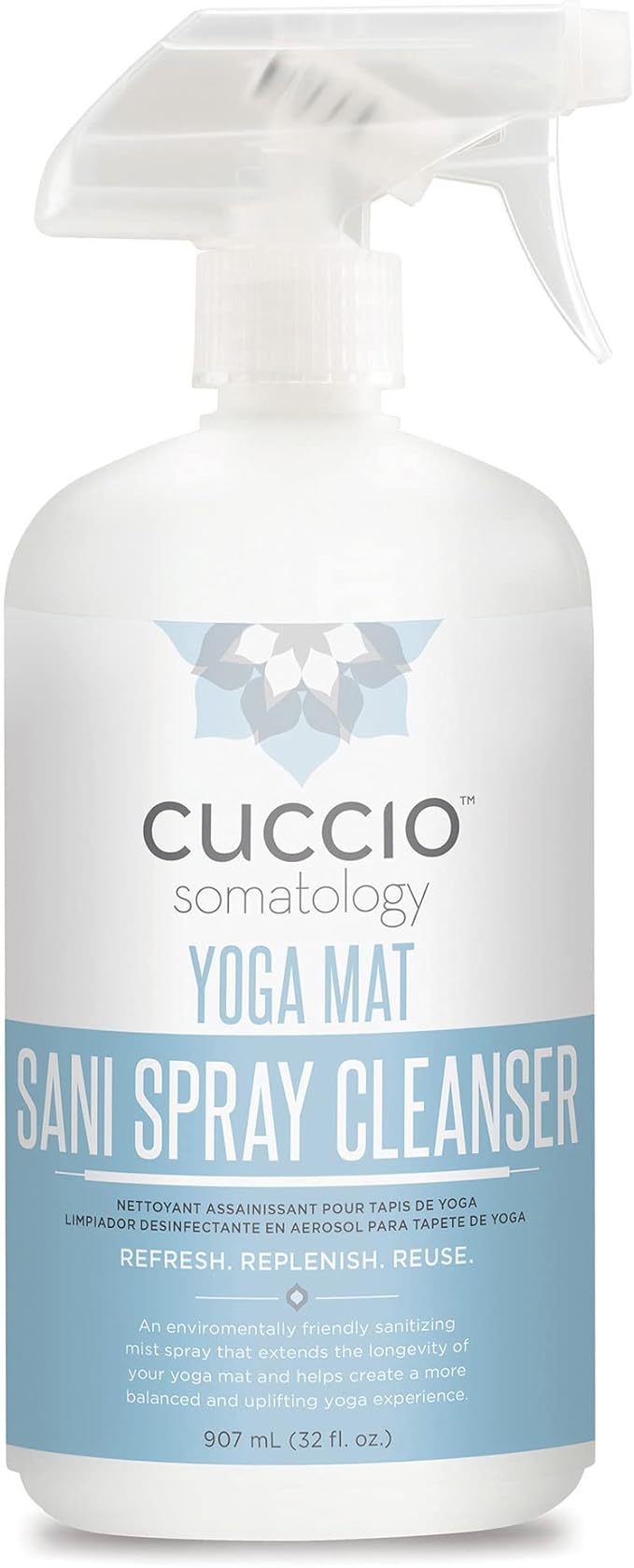 cuccio SOMATOLOGY Yoga Mat Sani Spray Cleaner - Essential Liquid Mat Cleanser Mist - Non Sticky, Quick Drying, Odor, Dirt And Sweat Control - Natural, Chemical Free Equipment Freshener - 32 Fl Oz