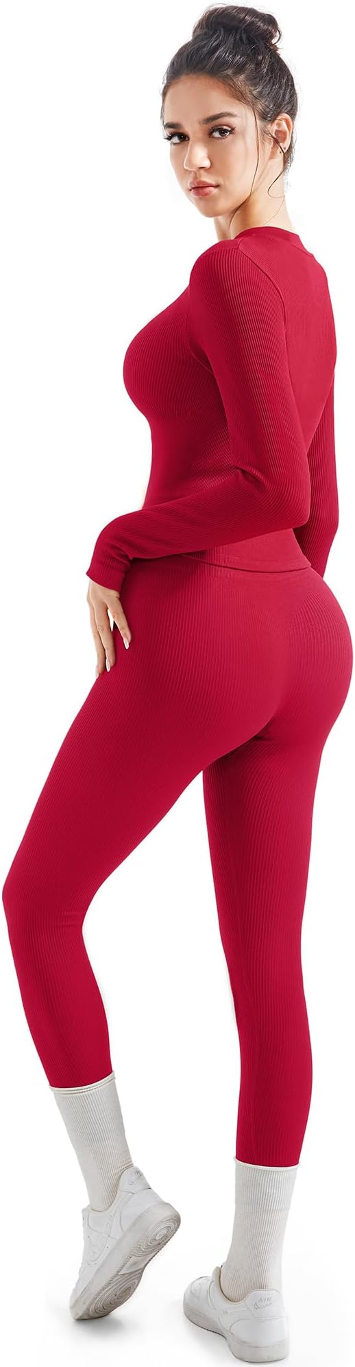 SUUKSESS Women 2 Piece Seamless Ribbed Workout Sets With Zip Up Jacket High Waisted Gym Yoga Leggings