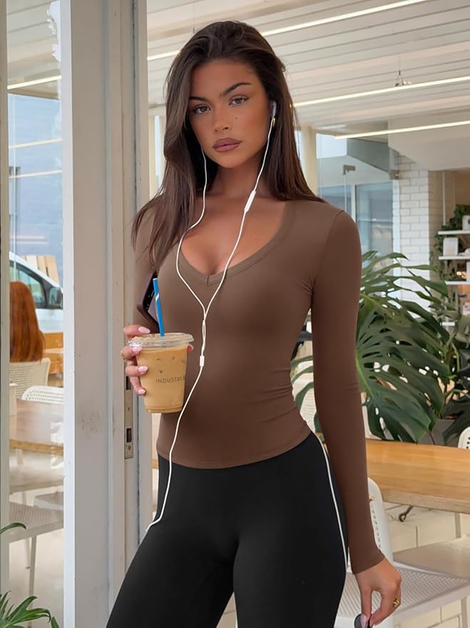 LASLULU Womens Long Sleeve Sexy V Neck T Shirts Basic Workout Tops Athletic Yoga Casual Crop Top