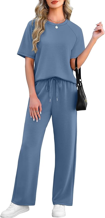 WIHOLL 2 Piece Sets for Women Resort Wear Travel Vacation Outfits Summer Short Sleeve Lounge Sets