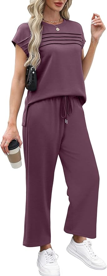 WIHOLL Two Piece Sets for Women Summer Spring Travel Vacation Outfits Cap Sleeve Lounge Matching Sets Wide Leg Pants S-3XL