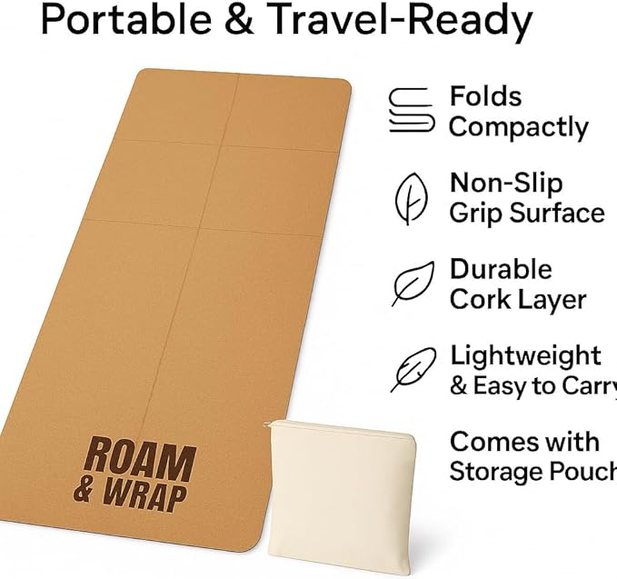 Roam & Wrap TRUE FOLDING Cork Yoga Mat 5mm Thick - Not Rolled, Fits in Backpack & Carry-On - Non-Slip Portable Mat for Travel, Pilates & Gym