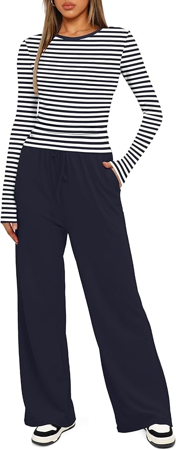 Darong Women's 2 Piece Outfits Lounge Sets 2026 Long Sleeve Tops Wide Leg Pants Casual Matching Set