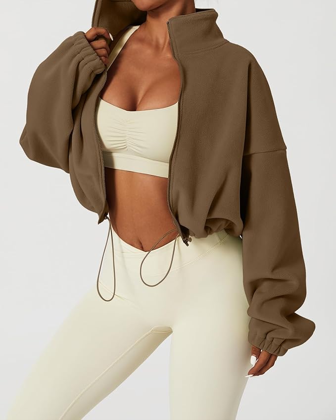 QINSEN Women's Full Zip Fleece Short Jacket Warm Winter Long Sleeve Stand Collar Sherpa Crop Coat