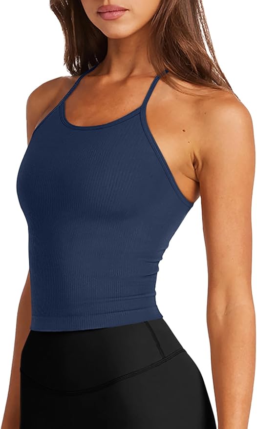 LASLULU Womens Sports Bra Seamless Long Crop Tank Racer Back Spaghetti Strap Workout Yoga Bra Padded Halter Neck Casual Tops