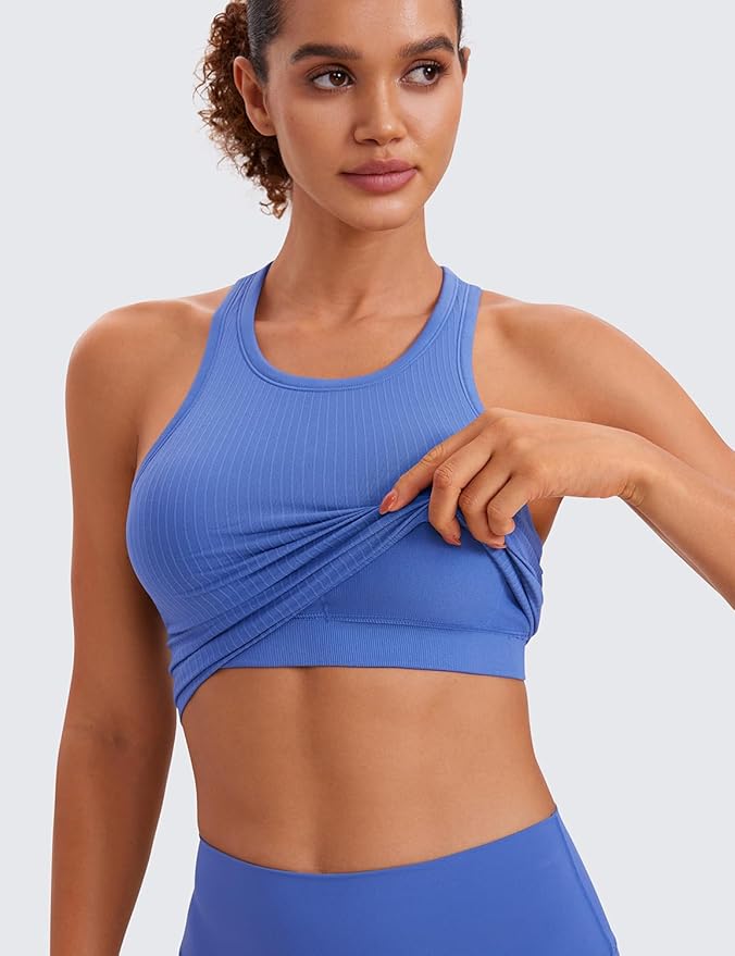 CRZ YOGA Seamless Ribbed High Neck Crop Tank Tops for Women - Longline Racerback Padded Sports Bras