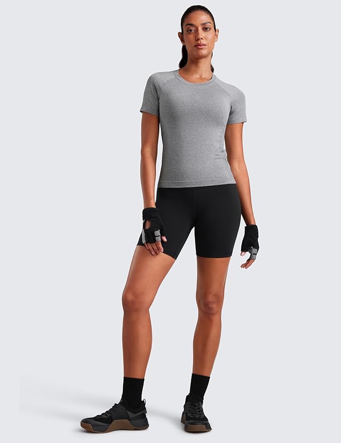CRZ YOGA Seamless Workout Tops for Women Waist Length - Running Gym Athletic Yoga Short Sleeve Shirts Breathable Crewneck
