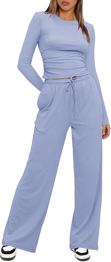 Darong Women's 2 Piece Outfits Lounge Sets 2026 Long Sleeve Tops Wide Leg Pants Casual Matching Set