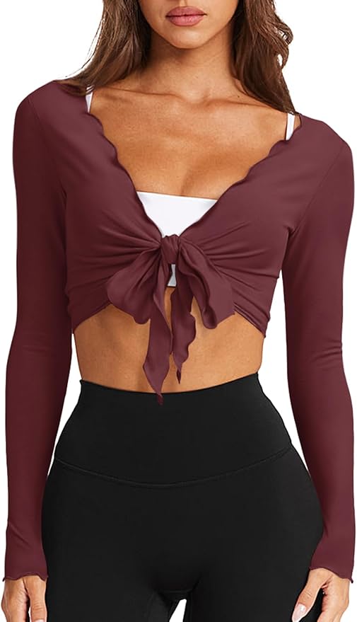 LASLULU Womens Tie Front Wrap Tops Long Sleeve Bolero Shrugs Crop Cardigan Yoga Ballet Cover up Tops Pilates Outfits