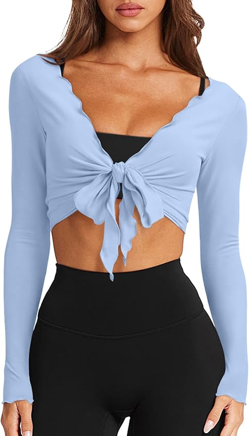 LASLULU Womens Tie Front Wrap Tops Long Sleeve Bolero Shrugs Crop Cardigan Yoga Ballet Cover up Tops Pilates Outfits