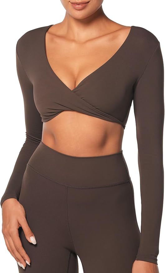 Sunzel Long Sleeve Workout Tops for Women Buttery Soft Deep V Twist Cropped Tops with Compression for Yoga Pilates Gym Outfit