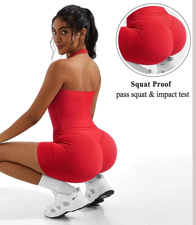 OMKAGI 2 Piece Workout Sets for Women Halter Sports Bra Tank Gym Biker Shorts Outfits