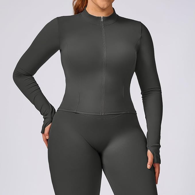 Yknktstc Womens Full Zip Athletic Jacket with Thumbhole Long Sleeve Crop Top Running Workout Yoga Sportswear Shirt