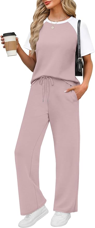 WIHOLL 2 Piece Sets for Women Resort Wear Travel Vacation Outfits Summer Short Sleeve Lounge Sets