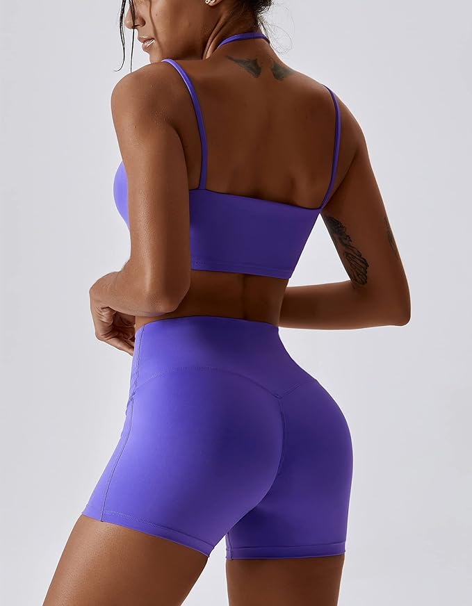 ABOCIW Workout Sets for Women 2 Piece Twist Front Halter Sports Bras High Waist Biker Shorts Exercise Gym Yoga Outfit