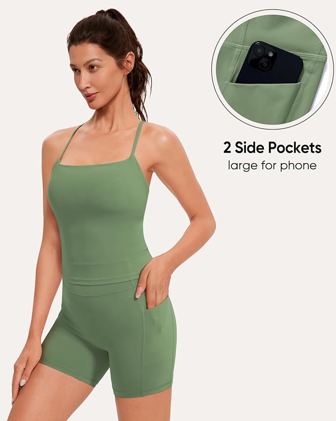 OMKAGI Workout Sets for Women Cute Spaghetti Strap Tank Tops Booty Shorts Outfits with Pockets