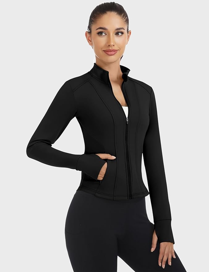 Loovoo Women's Workout Jacket Lightweight Zip Up Athletic Jackets Cropped Slim Fit Running Yoga Tops with Pockets
