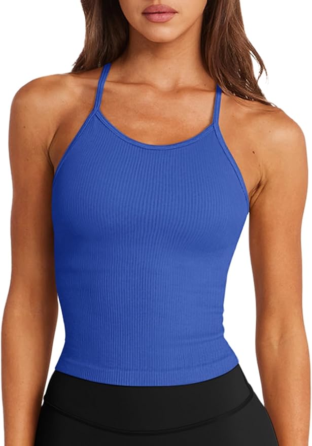 LASLULU Womens Sports Bra Seamless Long Crop Tank Racer Back Spaghetti Strap Workout Yoga Bra Padded Halter Neck Casual Tops