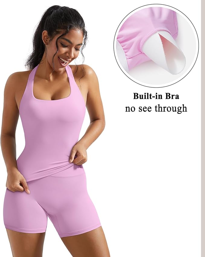 OMKAGI 2 Piece Workout Sets for Women Halter Sports Bra Tank Gym Biker Shorts Outfits
