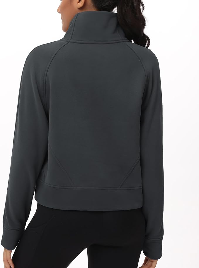 THE GYM PEOPLE Womens' Half Zip Pullover Fleece Stand Collar Crop Sweatshirt with Pockets Thumb Hole