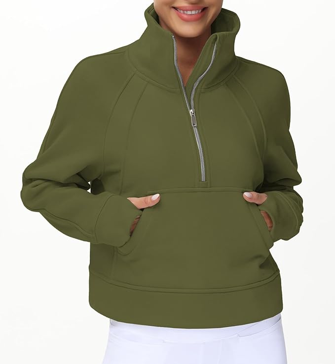 THE GYM PEOPLE Womens' Half Zip Pullover Fleece Stand Collar Crop Sweatshirt with Pockets Thumb Hole